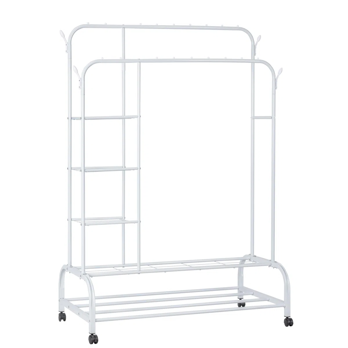 Perchero burro doble con estructura de metal resistente, estantes laterales, zapatero inferior y ruedas giratorias | Organizador móvil ideal para ropa, zapatos y accesorios en dormitorio o vestidor