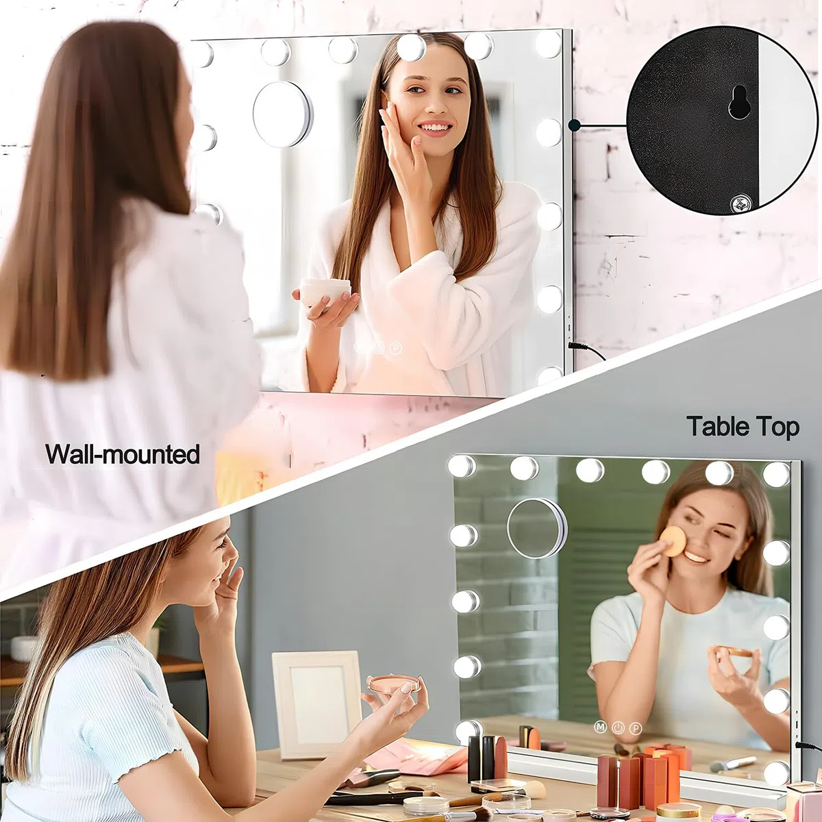 Genérico Hollywood Espejo Maquillaje con Luz 50x40cm, Espejo Pared con USB Puerto de Carga, 14 Bombillas LED y 3 Modos de Iluminación Ajustables, Aumento 10X Espejo Grande