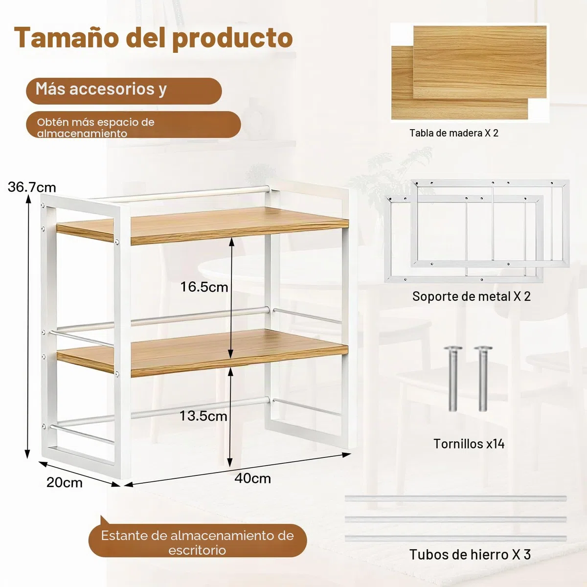 Organizador de escritorio para libros, estantería de 2 niveles, estilo rústico, estantería de almacenamiento para escritorio, estantería pequeña de madera y metal