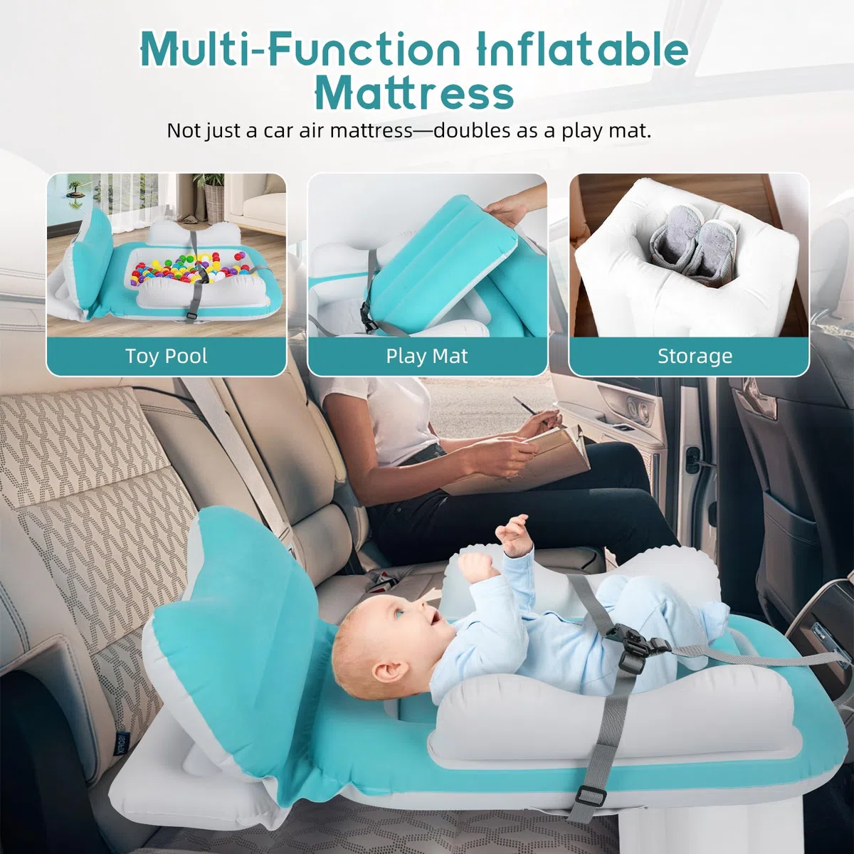 Cama de avión para niños pequeños, avión de bebé, portátil, inflable, cama de viaje para niños, con bomba de mano y lados altos para asiento de vuelo, coche, tren
