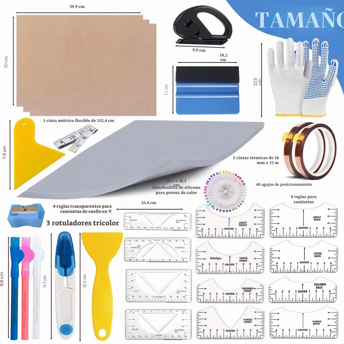 Camisetas de sublimación kits de herramientas para alineación de vinilo, almohadilla de prensa de calor, almohadilla de silicona, guía de reglas de camiseta y hoja de teflón para Cricut calor prensa