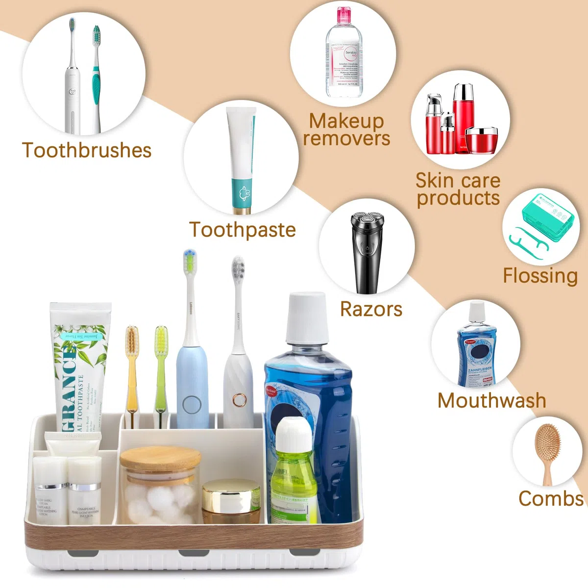 GFWARE Organizador de encimera de baño, 7 ranuras desmontables, cepillo de dientes eléctrico y pasta de dientes, drenaje para accesorios de baño, organización, mostrador, almacenamiento de fregadero,