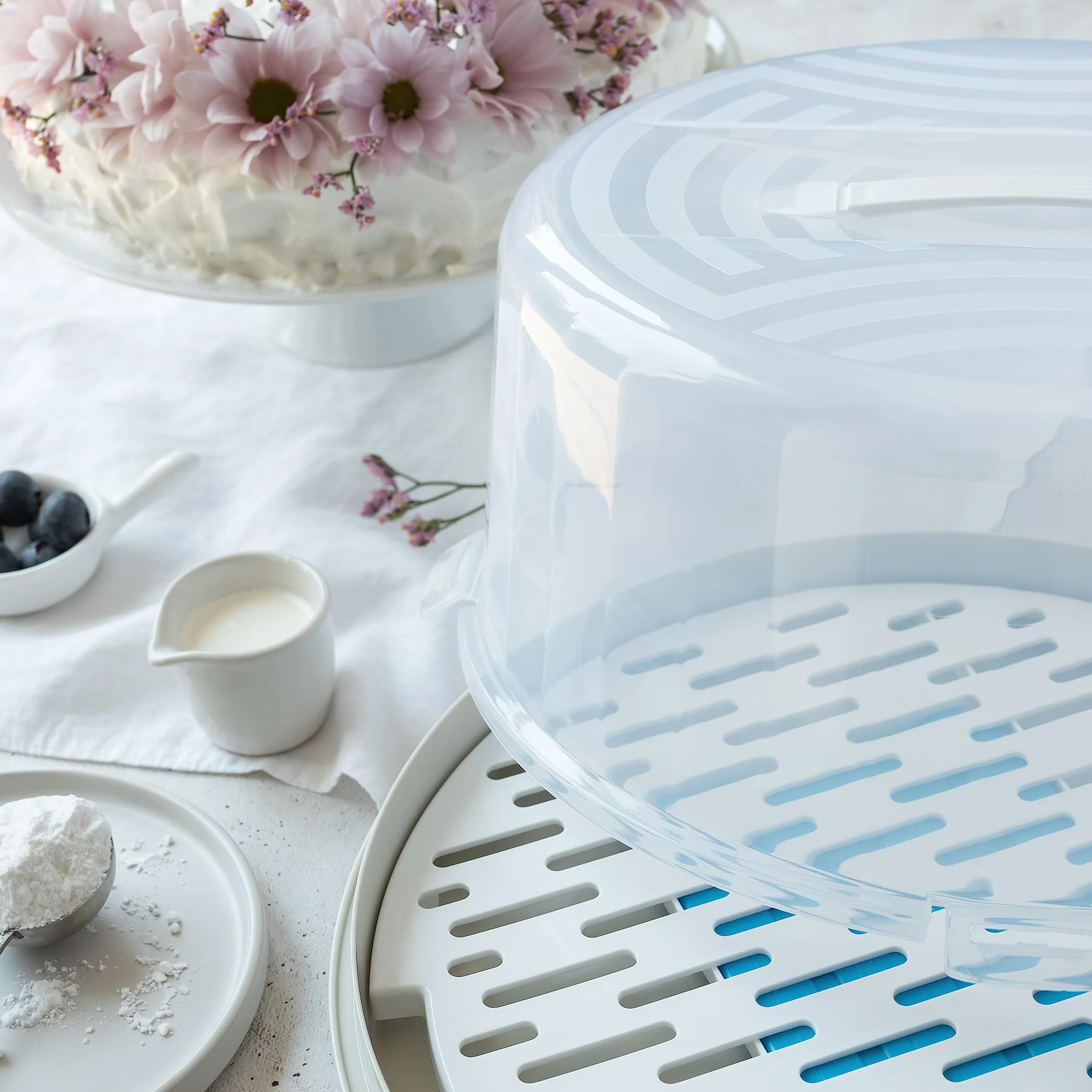 BranQ Home essential Tartera redonda con tapa alta, asa de transporte práctica y enfriamiento, plástico (PP), sin BPA, color crema/transparente, 334 x 156 mm