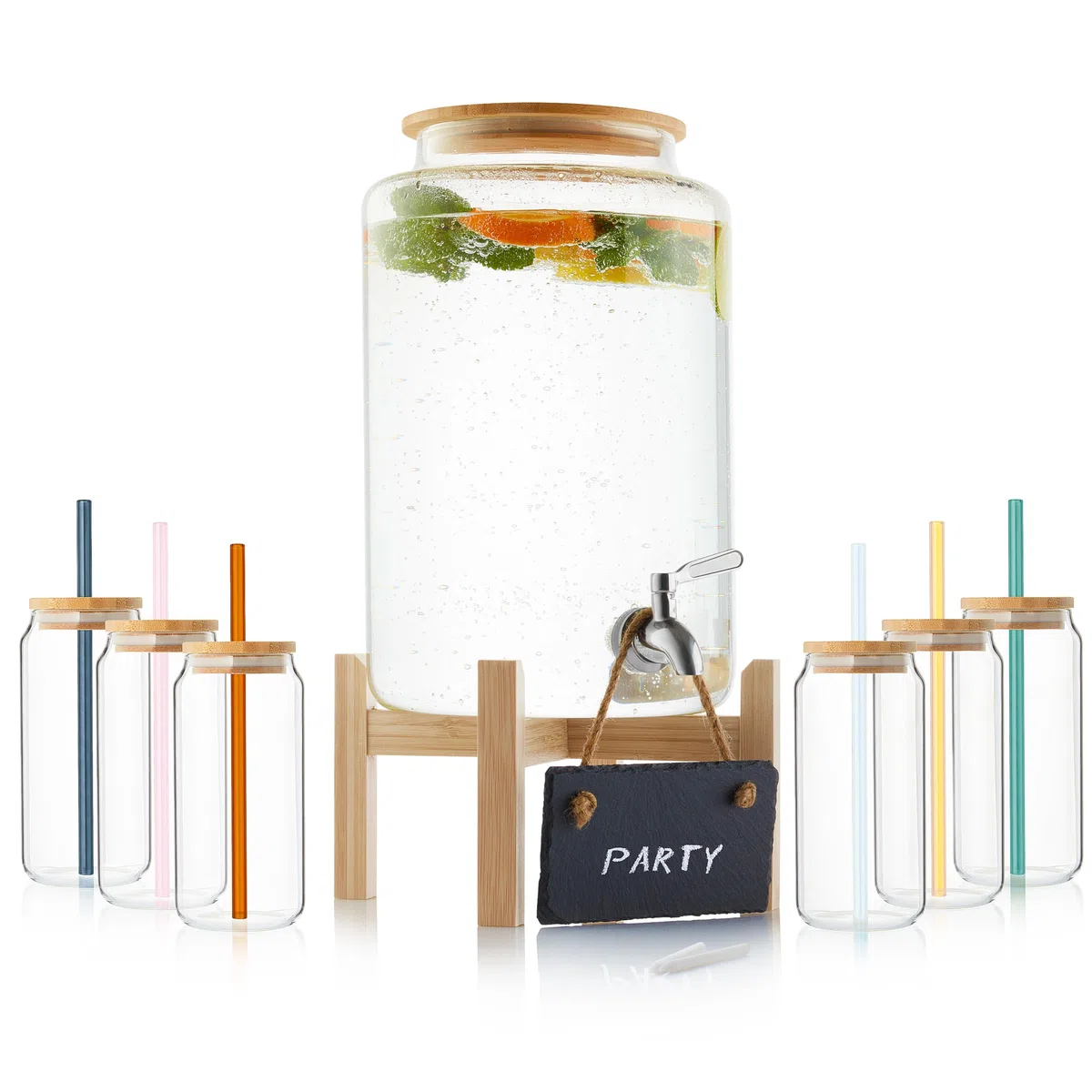 Sänger Juego de cuencos con pajitas de cristal y vasos, recipiente con tapa de madera, dispensador de bebidas con grifo, incluye 6 vasos, dispensador de bebidas para vino caliente y bote, recipiente