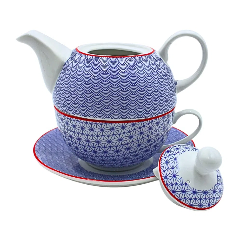 Dekohelden24 Jarra de porcelana, juego Tea for one, jarra para servir té, tetera, juego de té, taza de té con tetera, juego de teteras retro con taza de té de porcelana en azul, 15 x 15 x 16 cm (L/A/H