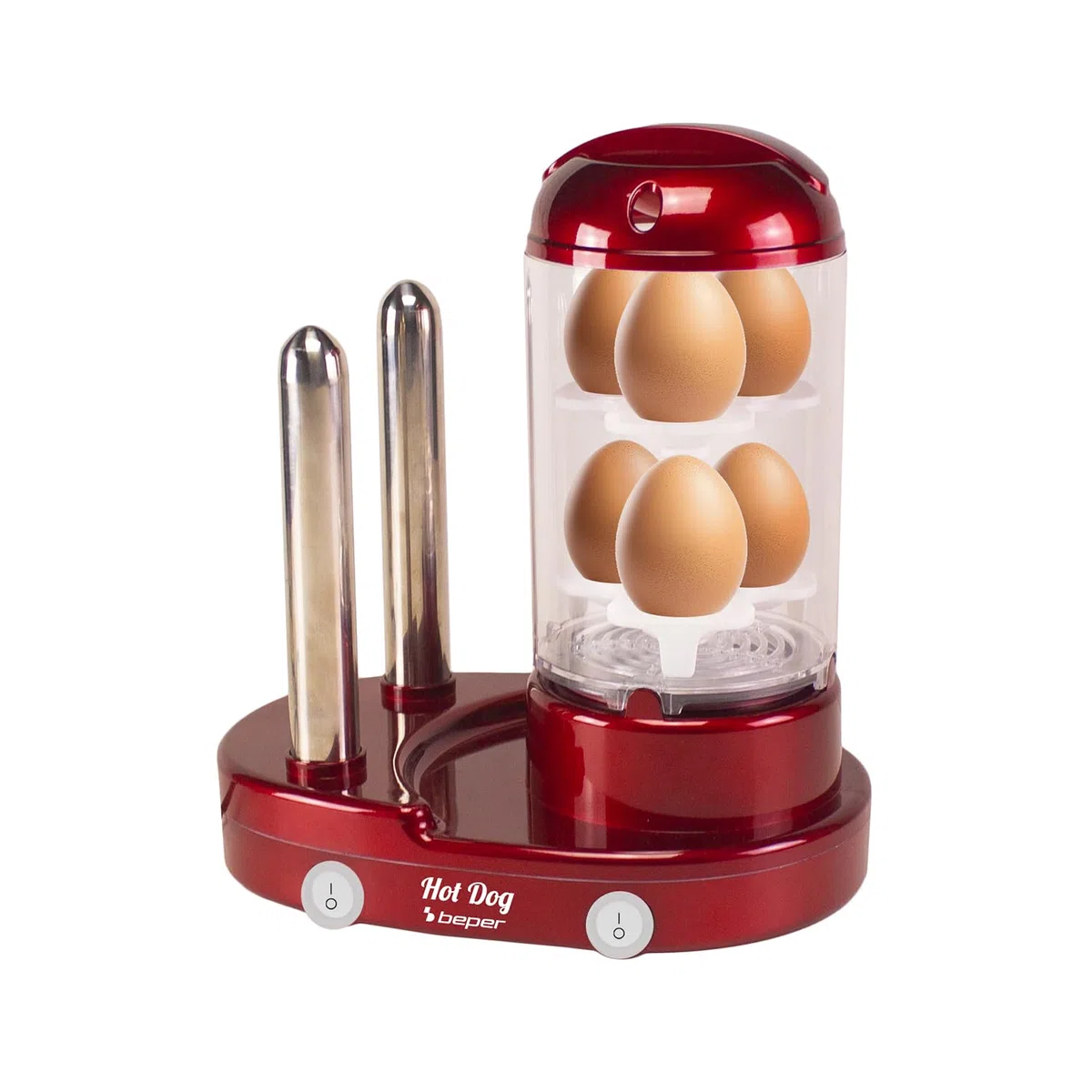BEPER P101CUD502 Máquina para hacer perritos calientes y cocer huevos 3 en 1, vaporera para salchichas y huevos, calentador de panecillos con 2 varillas de acero inoxidable, 440 W, interruptor doble