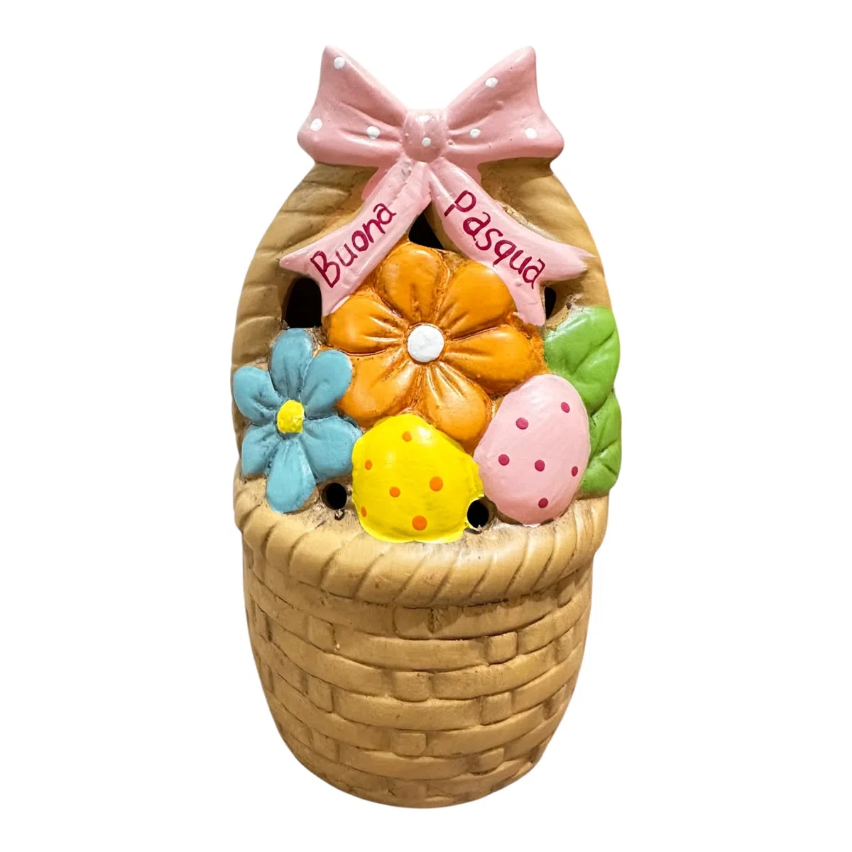 GMM Cesta de Pascua decorativa de cerámica con flores y huevos, decoración de Pascua con lazo rosa