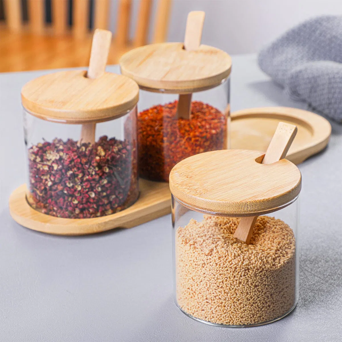 Joeyan 300ml Tarro de Condimento-Juego de 3 Recipiente con Tapa, Cuchara y Base -Botes Herméticos de Vidrio para Especias, Sal, Azúcar