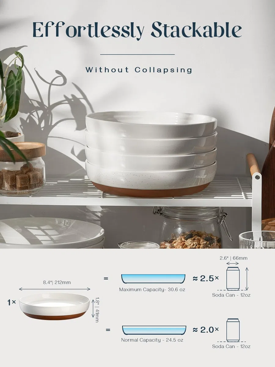 DOWAN Juego de 4 cuencos grandes de cerámica de porcelana esmaltada de sésamo blanco luna, de 8.5 pulgadas, aptos para microondas, horno y lavavajillas, perfectos para cenas diarias, reuniones