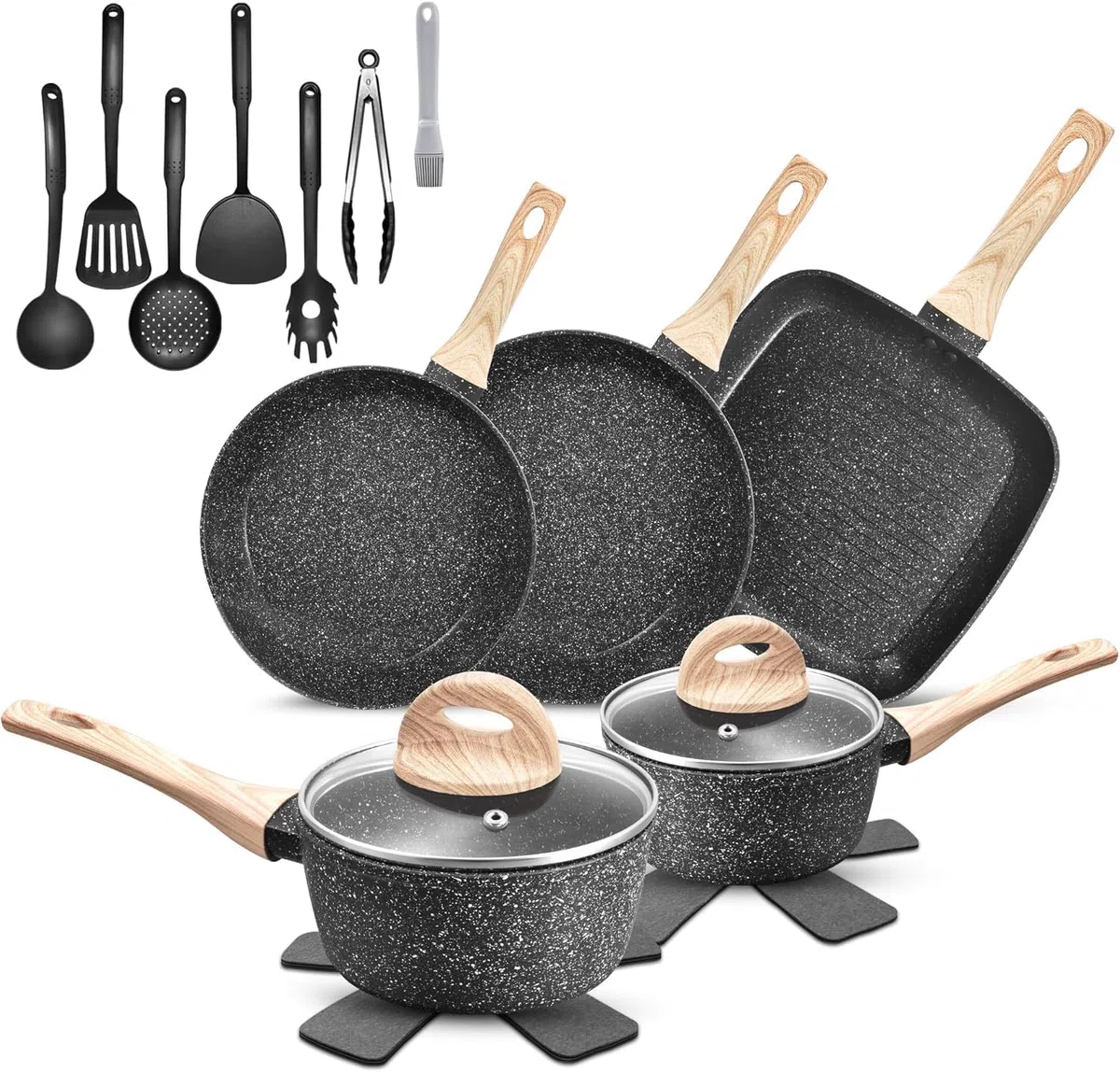 Batería de Cocina Antiadherente de 19 Piezas, Juego de Ollas y Sartenes de Inducción en Granito Negro, No Tóxico, Apta para Todas las Cocinas, Sin PFOA, PTFE, PFAS ni PFOS