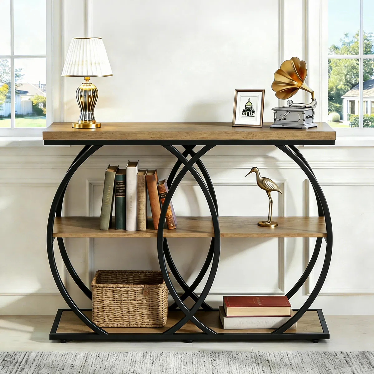 Tribesigns Mesa Consola Industrial 105 cm, Estantería de Entrada de 3 Niveles, Mesa Auxiliar Estrecha con Marco de Metal para Salón, Recibidor y Pasillo, Marrón Rústico