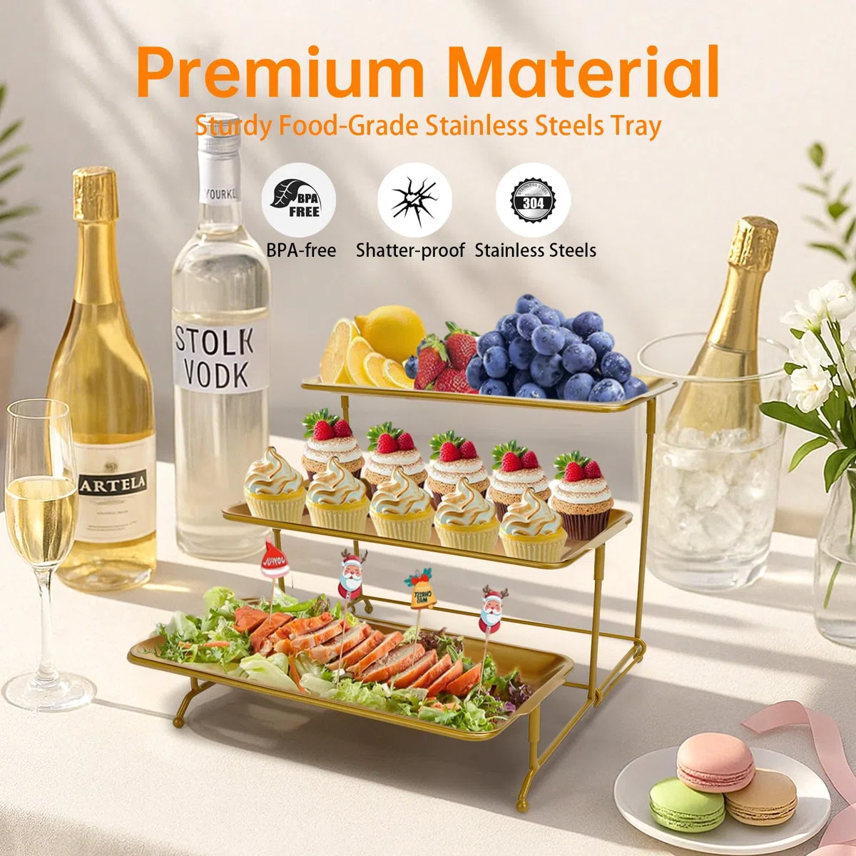Bandejas 3 Pisos para Servir Comida, 32×16cm Bandejas Reutilizables con Soporte de exhibición de Metal Dorado para Alimentos, Tazón de Frutas en Bandeja para Verduras, Galletas, Postres