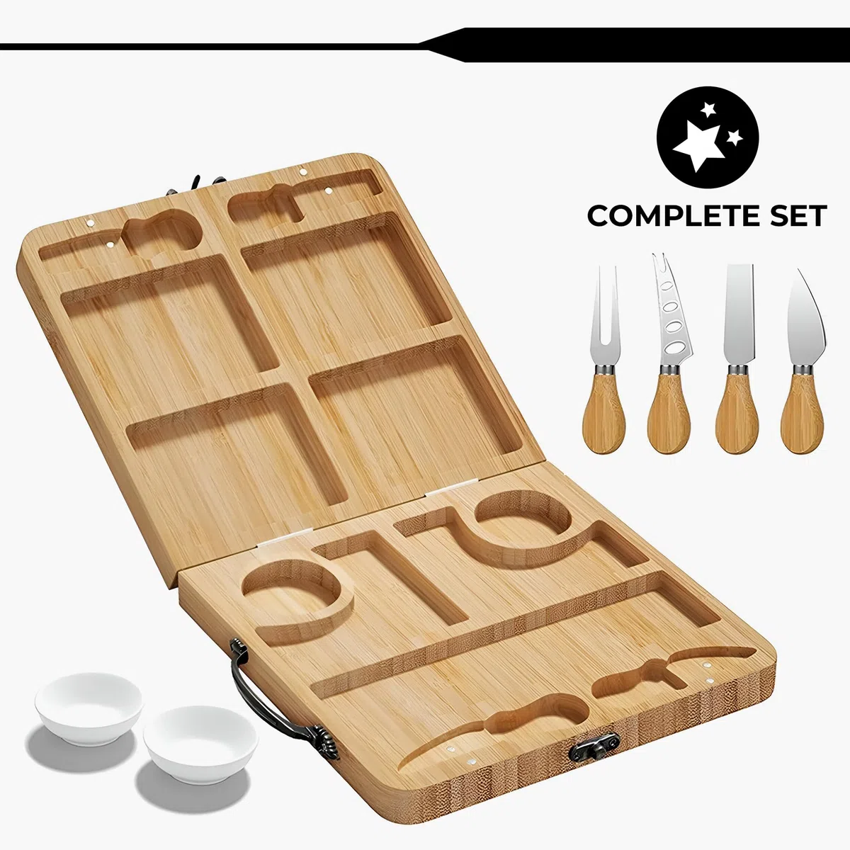 Juego De Tabla De Queso De Bambú Plegable con 4 Cuchillos Y 6 Tenedores - Set De Regalo Extensible De Madera para Embutidos Y Queso | Bandeja De Servicio para Tapas Y Fruta