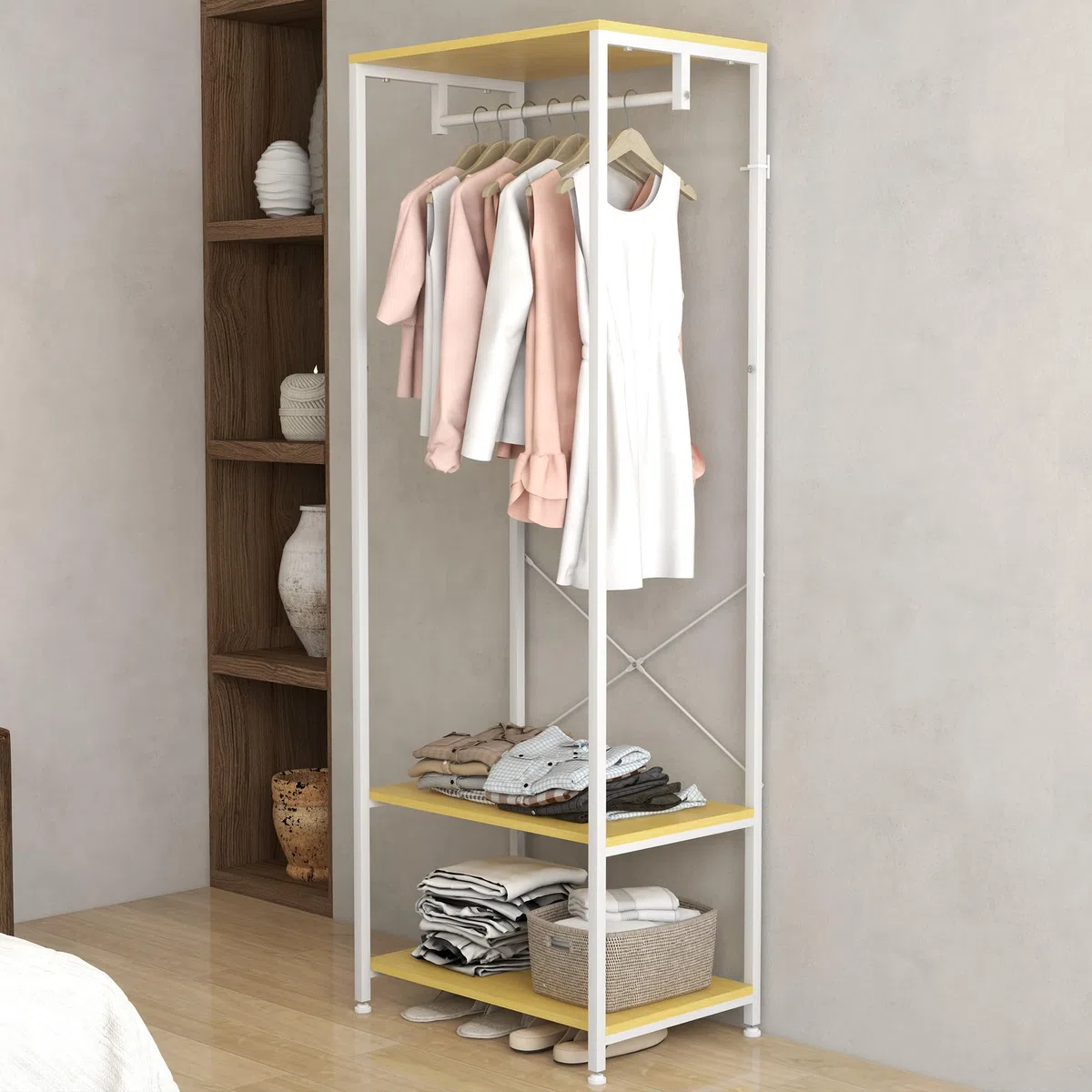 HOMCOM Perchero con Zapatero Perchero Entrada Recibidor con Riel Colgante y 2 Estantes de Almacenamiento para Pasillo Dormitorio 60x40x167,5 cm Natural y Blanco