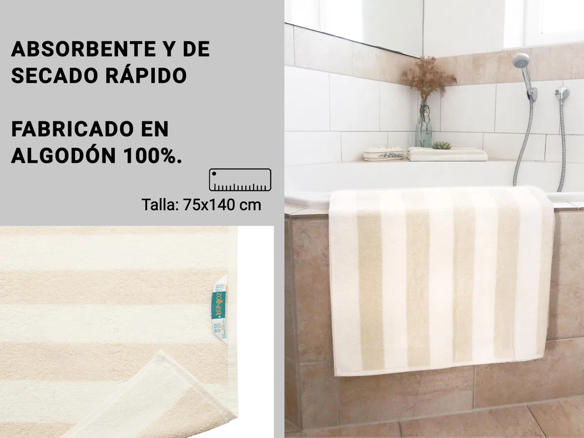 ZOLLNER 2 Toallas de baño de Rizo 100% algodón, 75x140 cm, a Rayas Beige