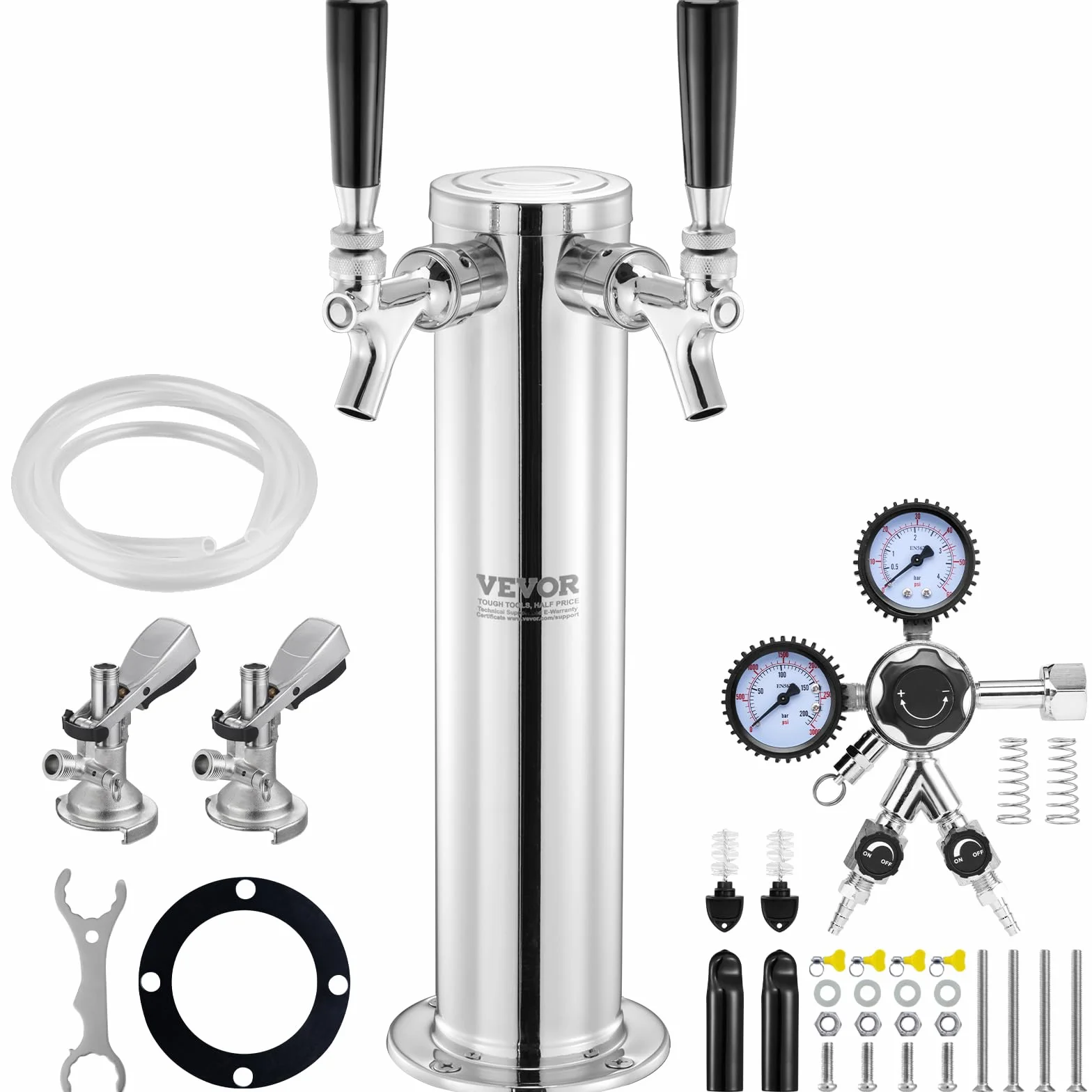 VEVOR Tower Kit, Kit de Conversión de Cerveza de Doble Grifo, Dispensador de Torre de Cerveza de Barril de Acero Inoxidable con Regulador W21.8 de Doble Calibre y Acoplador de Barril de Sistema A