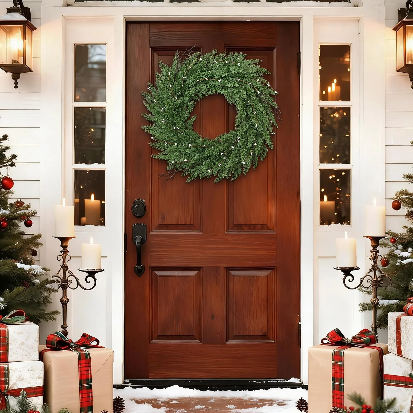 Weldomcor Corona de Navidad para Puerta 56 cm Grande Corona Navidad Puerta Verde Guirnalda Navidad Pino Norfolk Pine Corona de Adviento Adornos Navidad para Balcón Paredes Ventanas