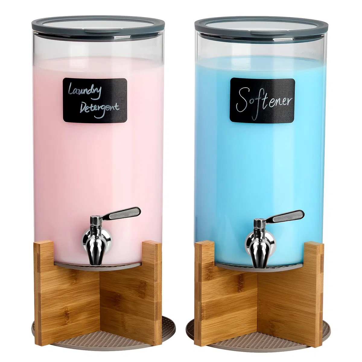 Dispensador de detergente de vidrio para lavandería, dispensador de líquido para lavandería con grifo de acero inoxidable, juego de 2 dispensadores de líquido, recipientes de vidrio para