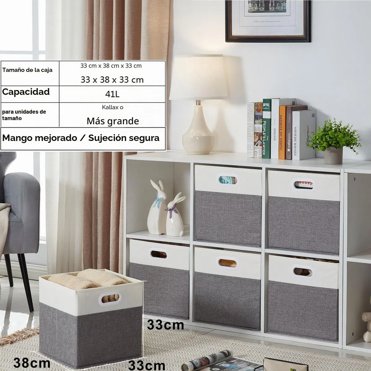 Mangata Cajas de almacenamiento de 33 x 38 x 33 cm, cestas de almacenamiento de tela para cubos de ropa, cestas, cofres, juguetes (Blanco Gris, 4 piezas)