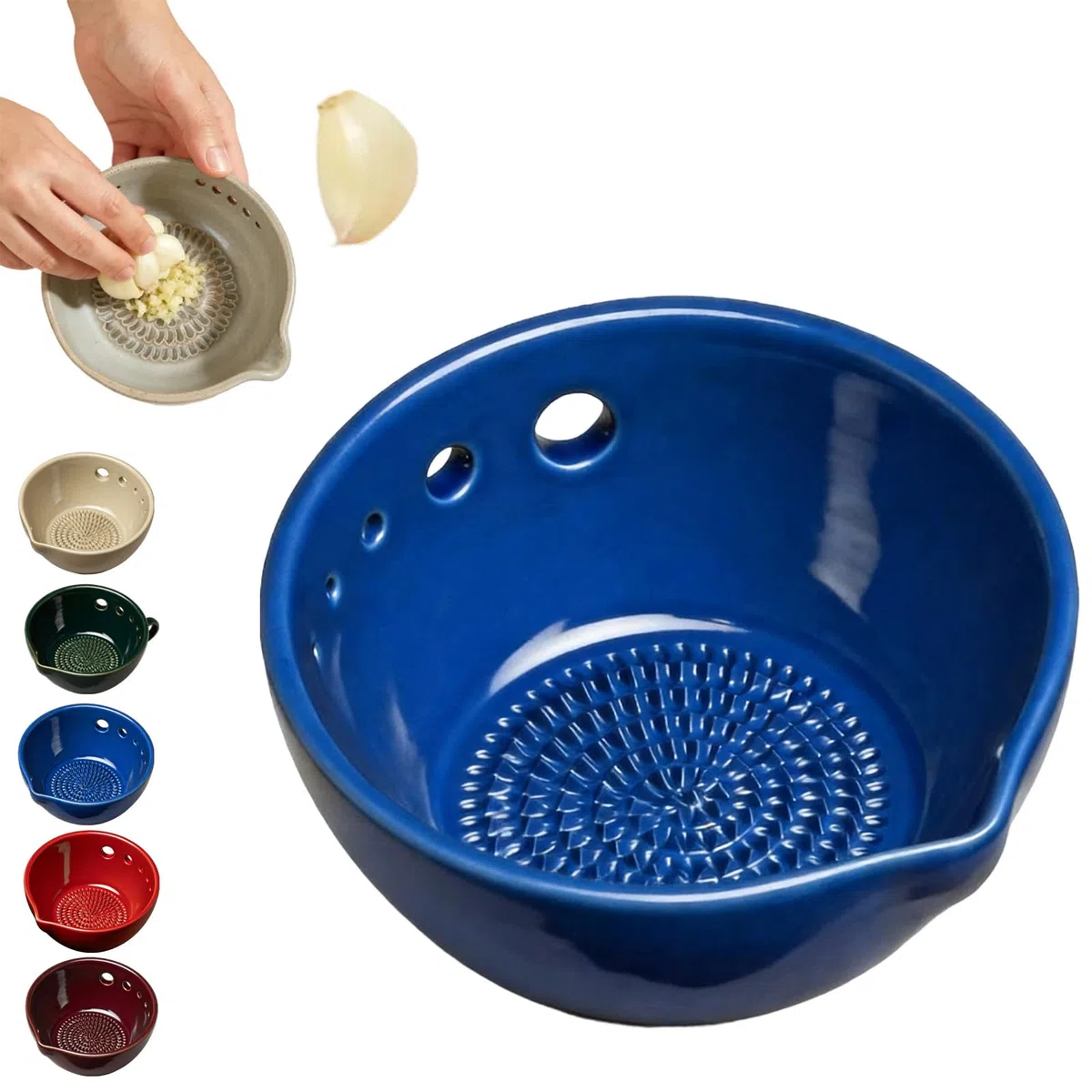 Handmade Garlic Grater X Herb Bowl, 2-In-1 Fresh Herb Stripper Bowl Ceramic with Built-In Grater and Herbs Stripper, Rasca Ajos Plate for Ginger, Garlic, Cheese Stem Remover (Blue)