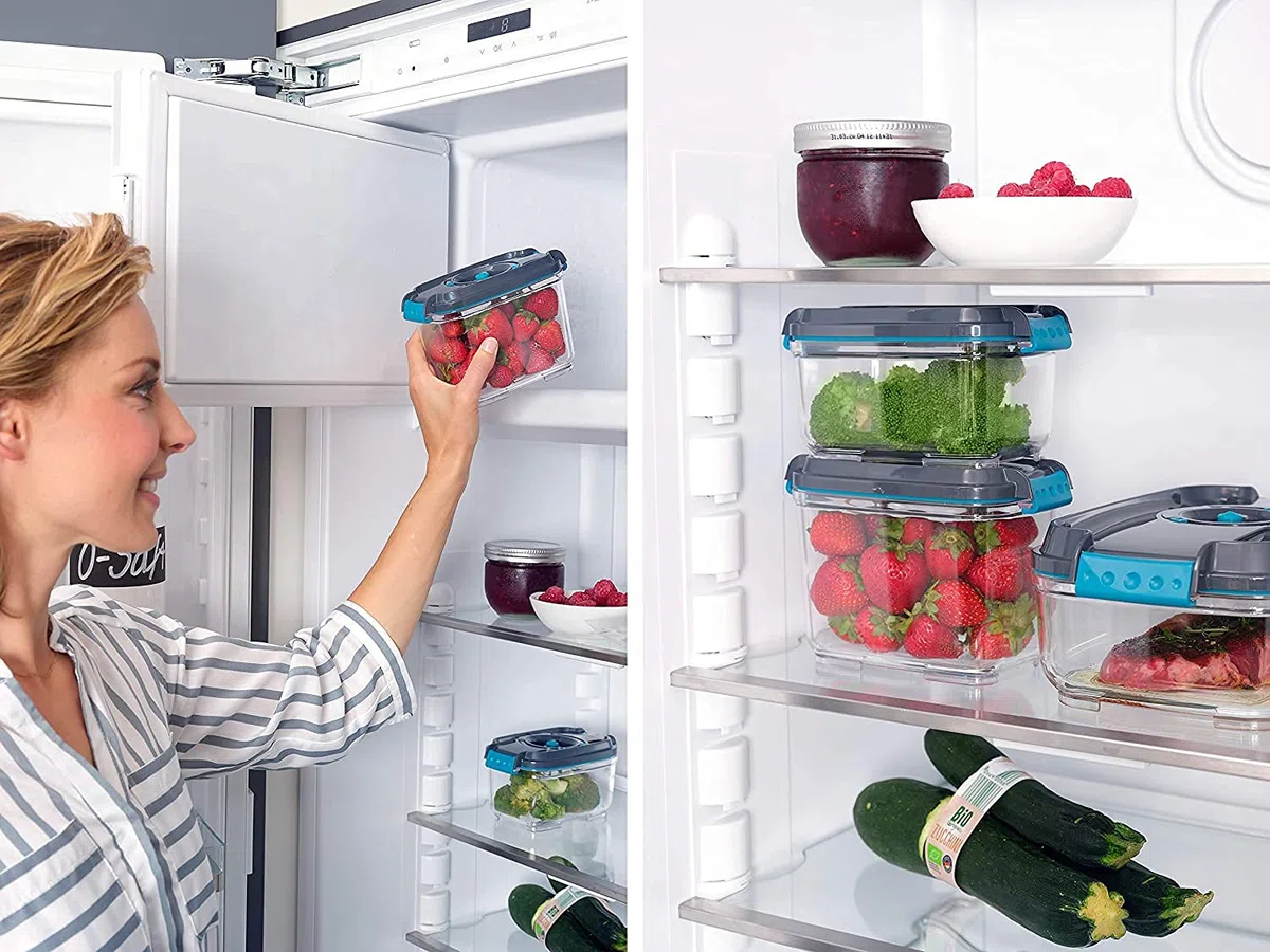 Leifheit Set de 3 recipientes para alimentos al vacío, fiambrera hermética e impermeable sin BPA, tápers para microondas, congelador y lavavajillas