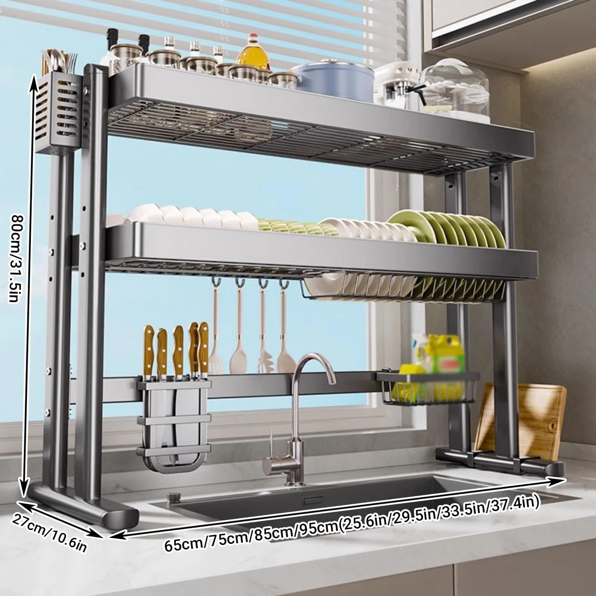 Escurridor de platos de cocina de 75 cm que ahorra espacio, altura ajustable, grande para platos, vasos, cuencos, cubiertos, escurridor compacto para encimera