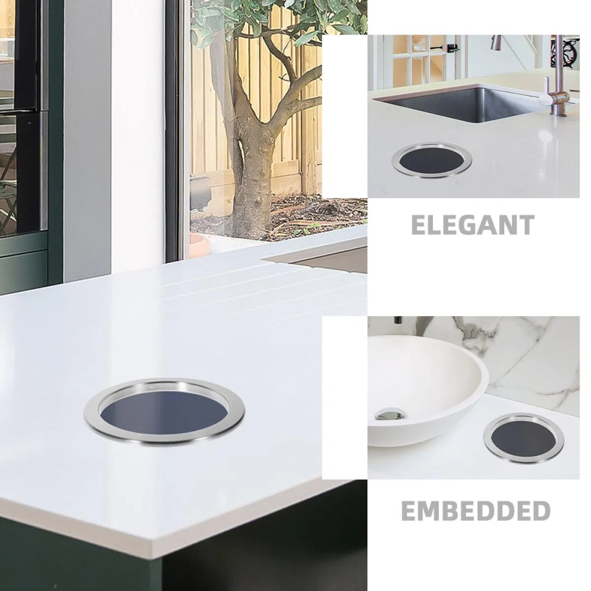 Sewroro Tapa para Basurero de Cocina de Acero Inoxidable Diseño Hueco Elegante, Marco Redondo Embutido para Encimera, Entrada Decorativa y Estabilidad Integrada