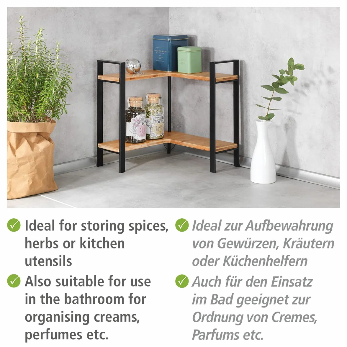 Wenko Estante esquinero de cocina Lou de metal y tablas de bambú, 2 niveles para mayor espacio de almacenamiento, (An. x a x P): 30 x 33 x 30 cm, negro/marrón claro, 53028100