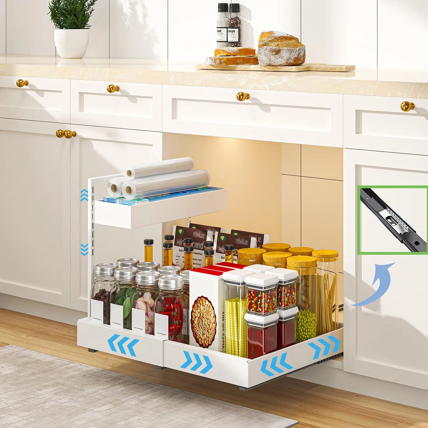 YunNasi Ampliable Organizador Bajo Fregadero, 2 Niveles Especieros para Cocina, Organizador Cocina, Cajonera Extraíble para Cocina, Baño, Armario, Alacena (Blanco)