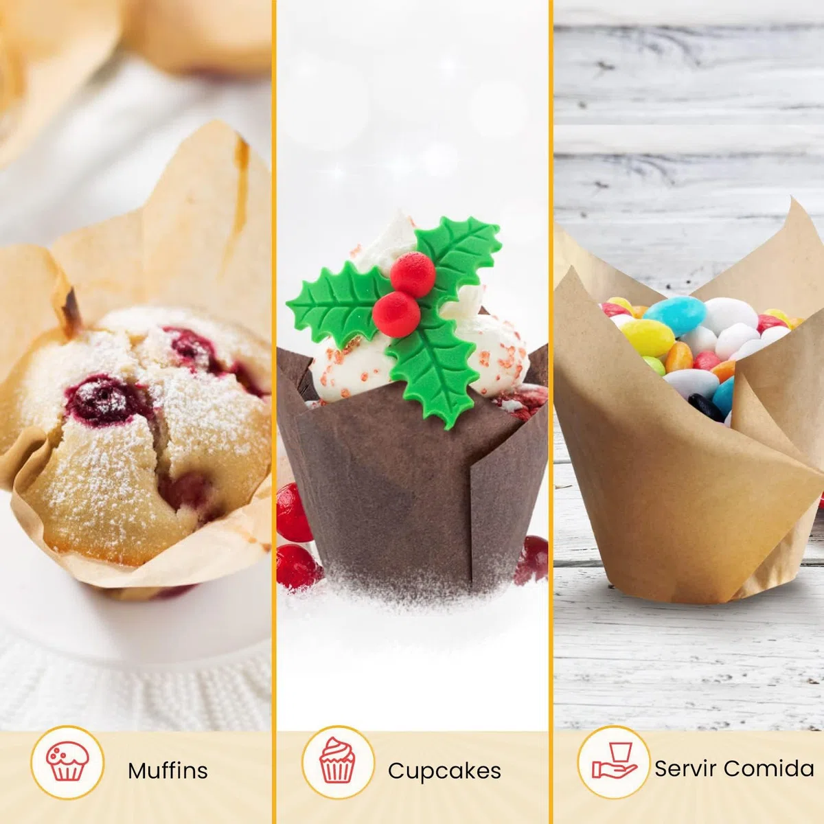 Moldes Magdalenas Tulipán, 150 Pzas – Blancas, Beige y Marrones, Muffins Moldes Desechables – Papel Cupcakes para Hogar y Eventos – Fáciles de Quitar por Baker's Signature
