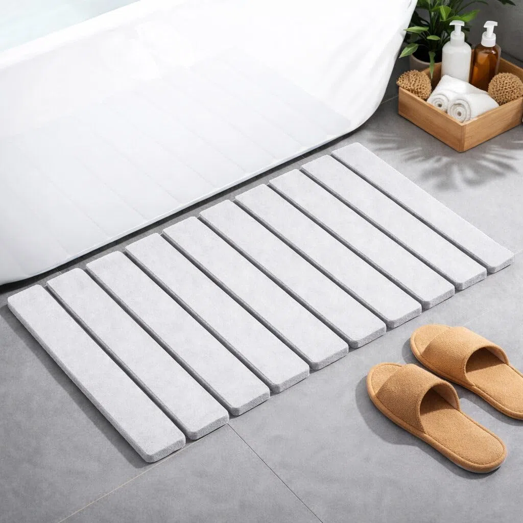 Alfombra Baño Diatomita XL 60x40cm Enrollable Secado Rápido + Malla Antideslizante – de Piedra Diatomea Anti Moho y Sin Olores – Ultra Absorbente Antideslizante para Ducha - Alta Absorción | Blanco