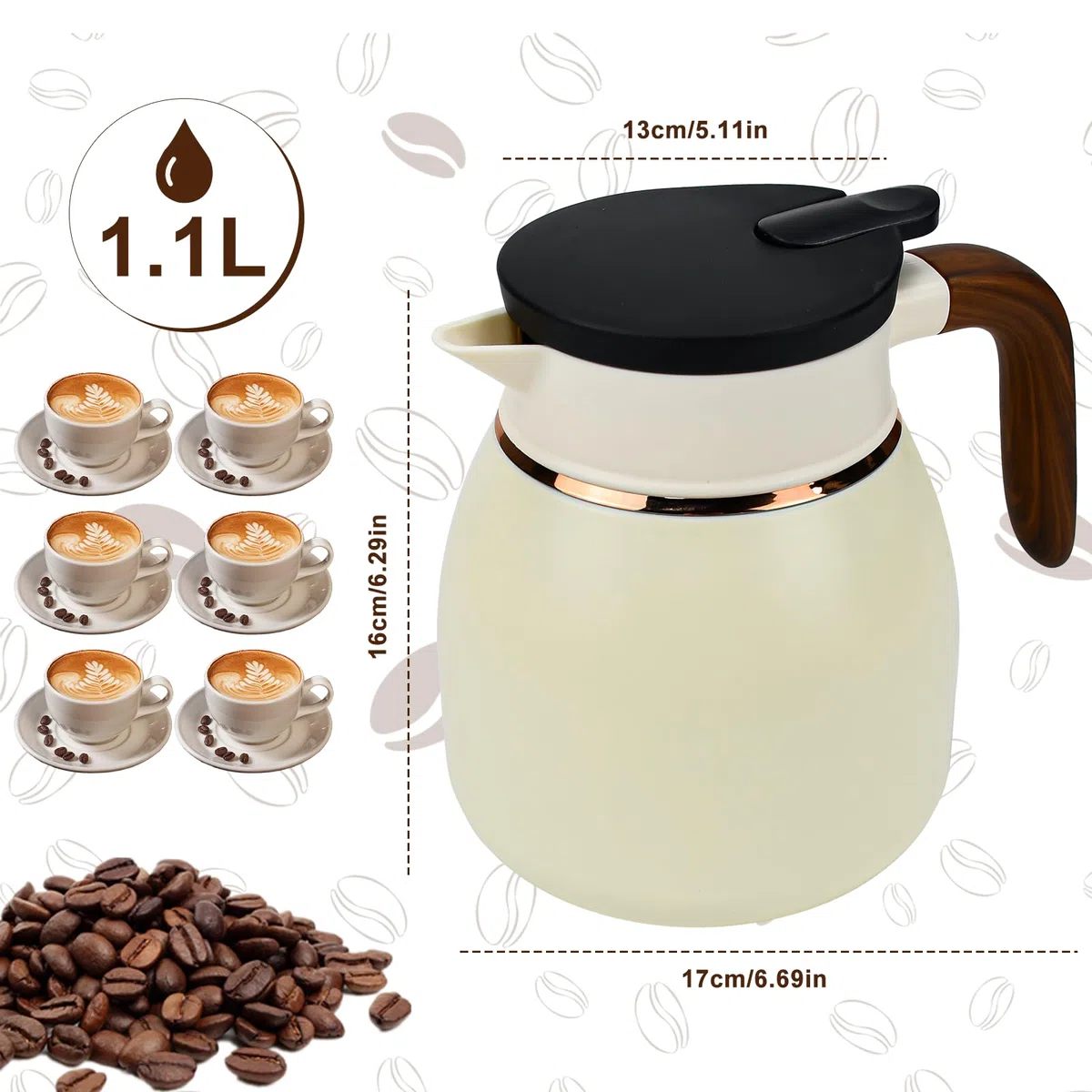 Jarra Térmica para Café de Acero Inoxidable Jarra de Café de Doble Pared al Vacío Jarra Aislante con Colador de Té Desmontable para Café Té Agua Bebida (Blanca)