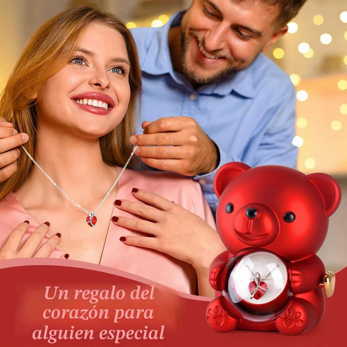 Oso con Rosa y Collar,Caja de Regalo de Oso de Rosa Eterna con Collar en Forma de Corazón,Oso de Rosa Eterna Natural Preservada Regalo para Mujer,Mama Aniversario,Día de San Valentín,Cumpleaño
