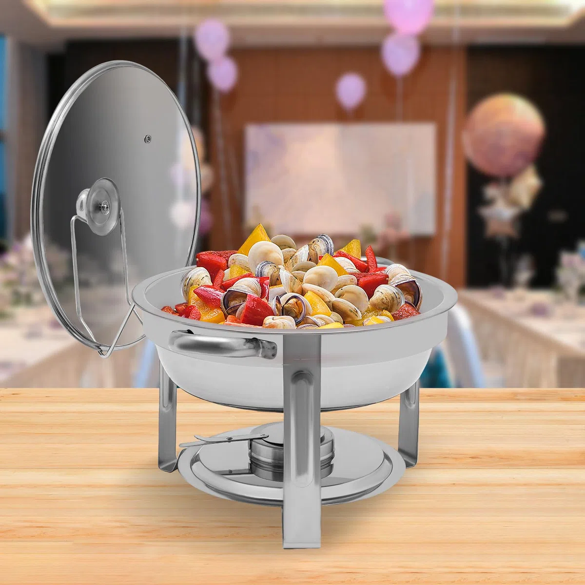 Chafing Dish Buffet, 5 l Round Fondue de acero inoxidable con tapa de contenedor de mantenimiento caliente para restauración, aparadores (plata)