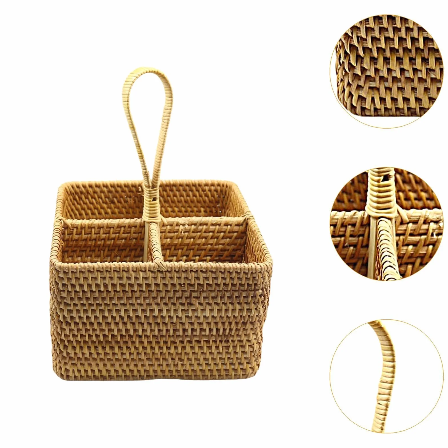 Porta Cubiertos Cesta Organizador Portátil Almacenaje para Utensilios de Mesa Rattan Natural Diseño Artesanal Adecuado para Cocina Camping Mesa Del Co , Cuadrado grande