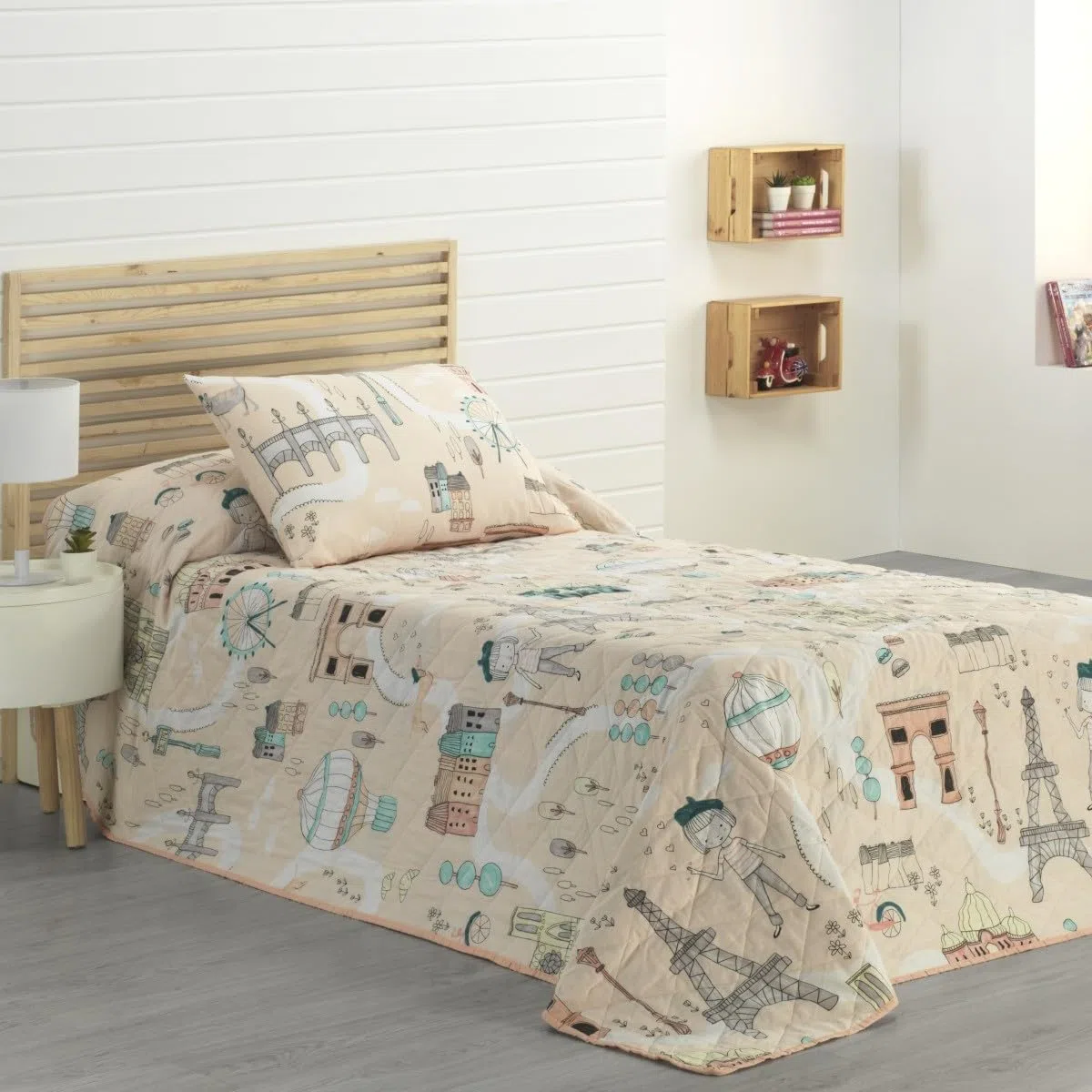 DHESTIA HOME Colcha Bouti Infantil Cama 90 y Cama 105 Patrón Cosido Ohlalá Color Rosa Palo Talla Cama 90/105