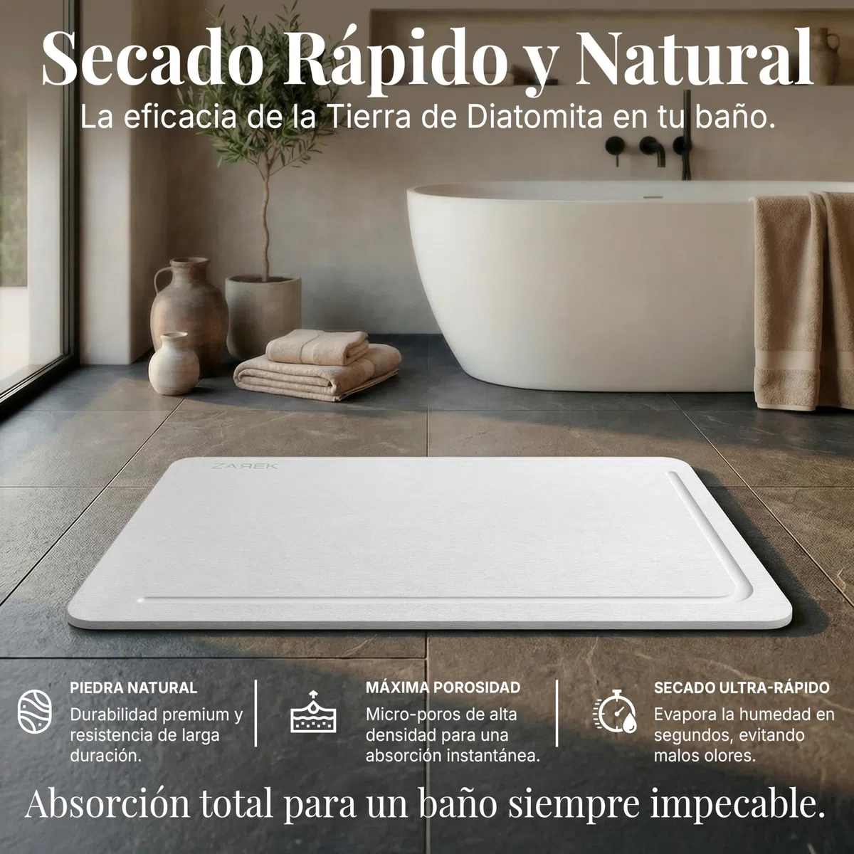 ZAREK Alfombra Diatomita Baño Antideslizante – Alfombrilla Baño Secado Rápido y Ultra Absorbente - Piedra Diatomita Baño Antibacteriana - Ideal para Ducha, Bañera y Cocina - 60x39 cm