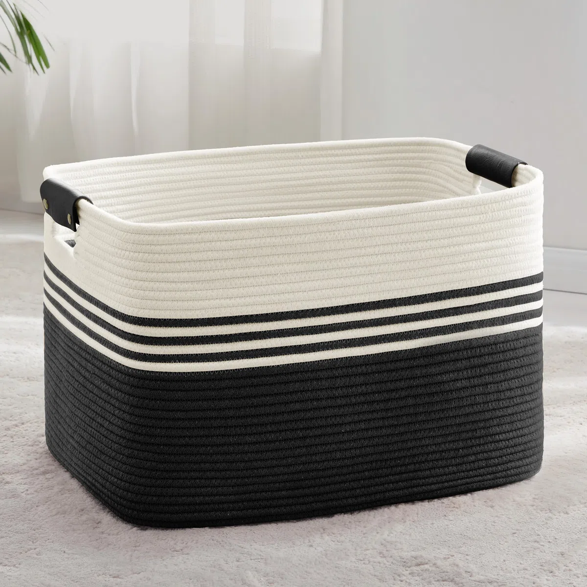 Cesto grande para ropa trenzado en cuerda de algodón, 86L, recipiente con asas de cuero, para mantas, ropa, juguetes, de lavandería para habitación infantil o salón, 60x40x36 cm, blanco y negro