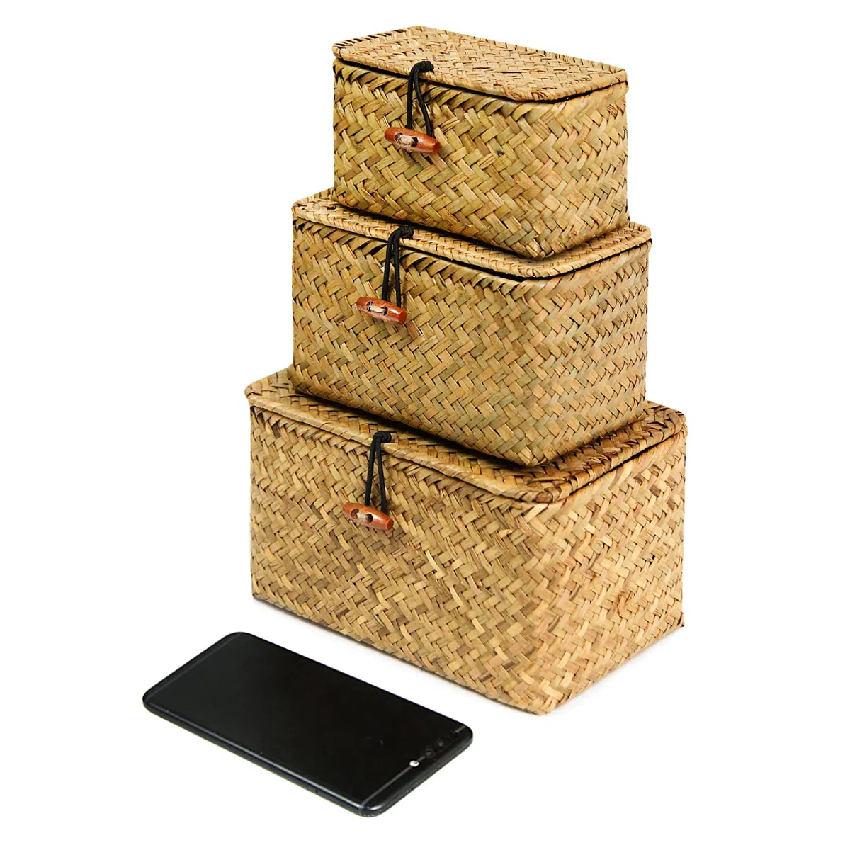 FEILANDUO - Juego de 3 cestas con tapas pequeñas tejidas a mano para almacenamiento de agrasos marinos mini cesta de escritorio organizador de maquillaje contenedor multiusos (Pequeño, Naturales)
