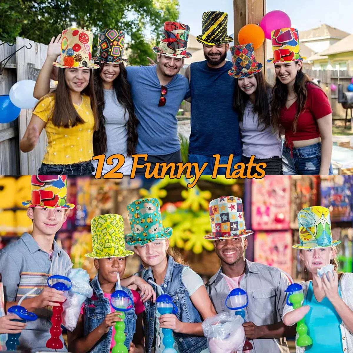 12 sombreros divertidos de fiesta con patrones surtidos, sombreros de fiesta de cumpleaños, accesorios para cabina de fotos, sombreros de fiesta locos, accesorios para hombres, mujeres y