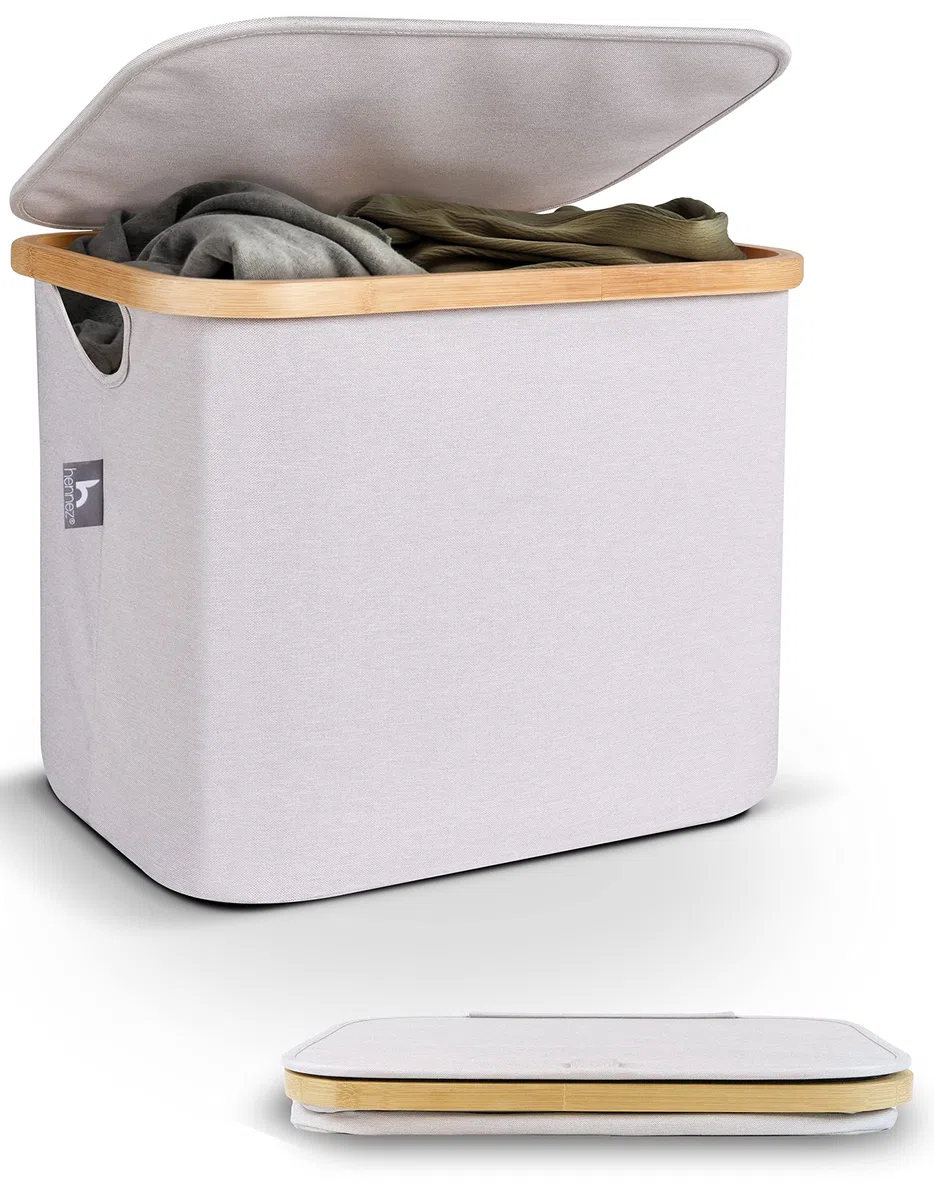 HENNEZ Caja Almacenaje con Tapa - Cestas Almacenaje 40L - Cesto Ropa Sucia - Cajas Almacenaje Decorativas para Estantería Kallax - Cajas de Almacenamiento Tela Bambú Cajas Organizadoras con Tapa Beige