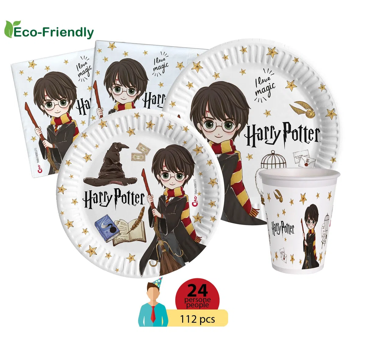 Kit Vajilla de Fiesta Harry Potter para 24 personas (112 pcs: 24 platos Ø23cm, 24 platos Ø18cm, 24 vasos 250ml, 40 servilletas 33x33cm) de papel compostable eco-friendly
