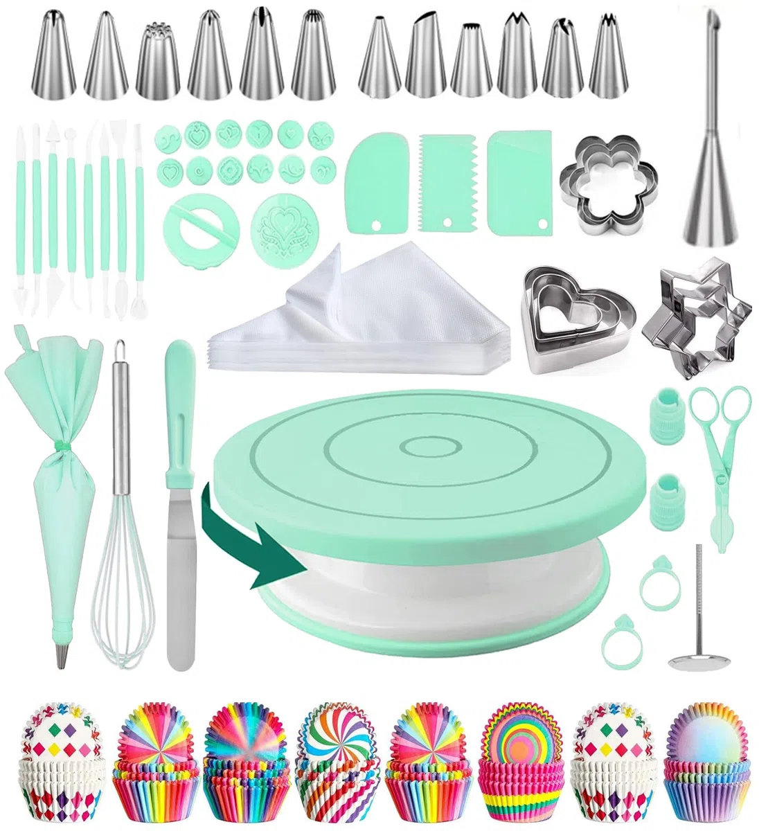 Reposteria y pasteleria,Boquillas Manga Pastelera,Plato Giratorio para Tartas,Manga Pastelera, Base Giratoria Tartas, Reposteria y Pasteleria, Reposteria Utensilios, Kit Reposteria (Verde)