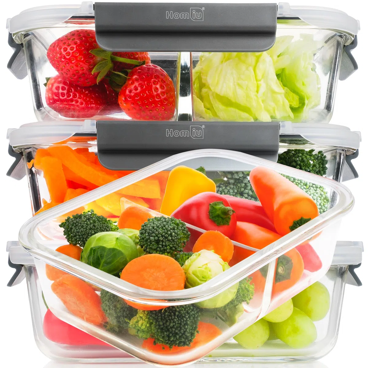 Homiu Recipientes de vidrio para alimentos con tapas, recipientes herméticos de vidrio para preparación de comidas, sin BPA, a prueba de fugas, reutilizable, aptos para microondas, congelador y horno