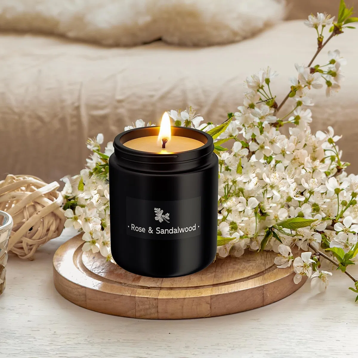 Velas perfumadas para el hogar, vela de aromaterapia con fuerte fragancia – 7.6 onzas, 100% cera de soja – Velas de Navidad perfumadas para hombres y mujeres en tarro negro, rosa y sándalo