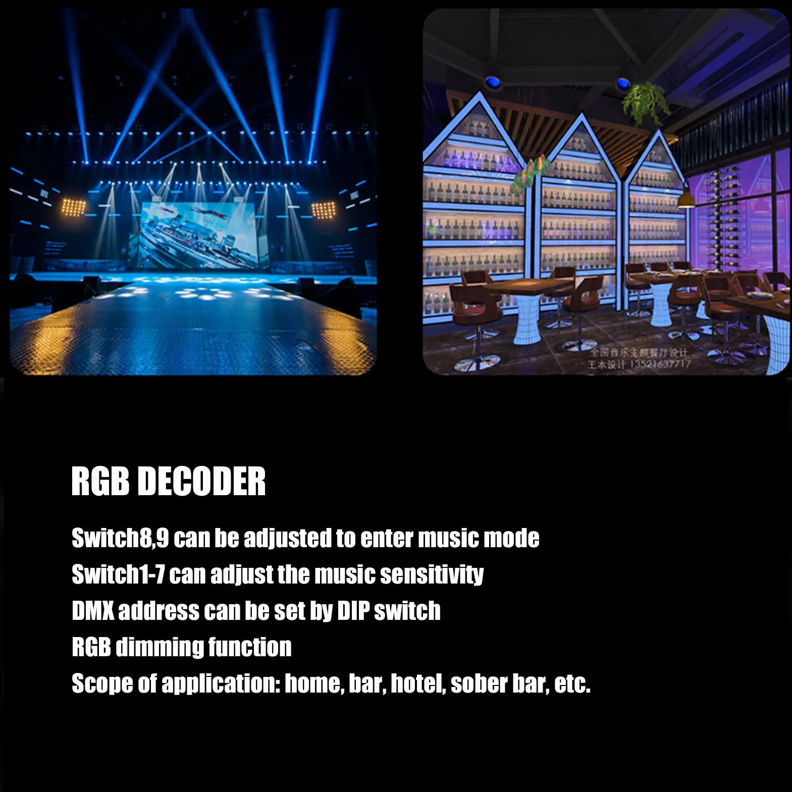 Descodificador DMX 512 de 4 Canales Descodificador DMX de 4 Canales Descodificador RGB Ajuste Controlador de Descodificador LED de Atenuación RGB para Bares Hoteles Barras Sobrias (8A por canal)