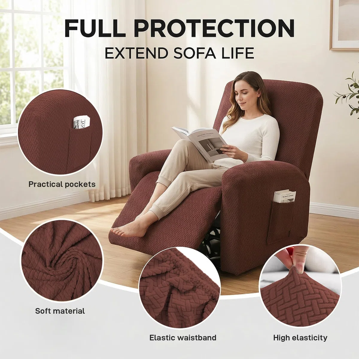 MeYuxg Funda Sillon Relax Reclinable, 4 Piezas Funda Butaca 1 Plaza Elástica Antideslizante, con Protectores para Reposabrazos y Bolsillos Laterales (Café Profundo)