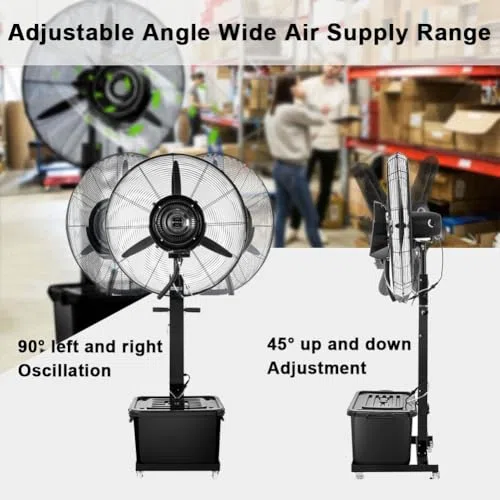 Ventilador oscilante industrial con 3 velocidades, soporte y nebulizador para garaje, jardín, gimnasio o uso en interiores, 750 mm