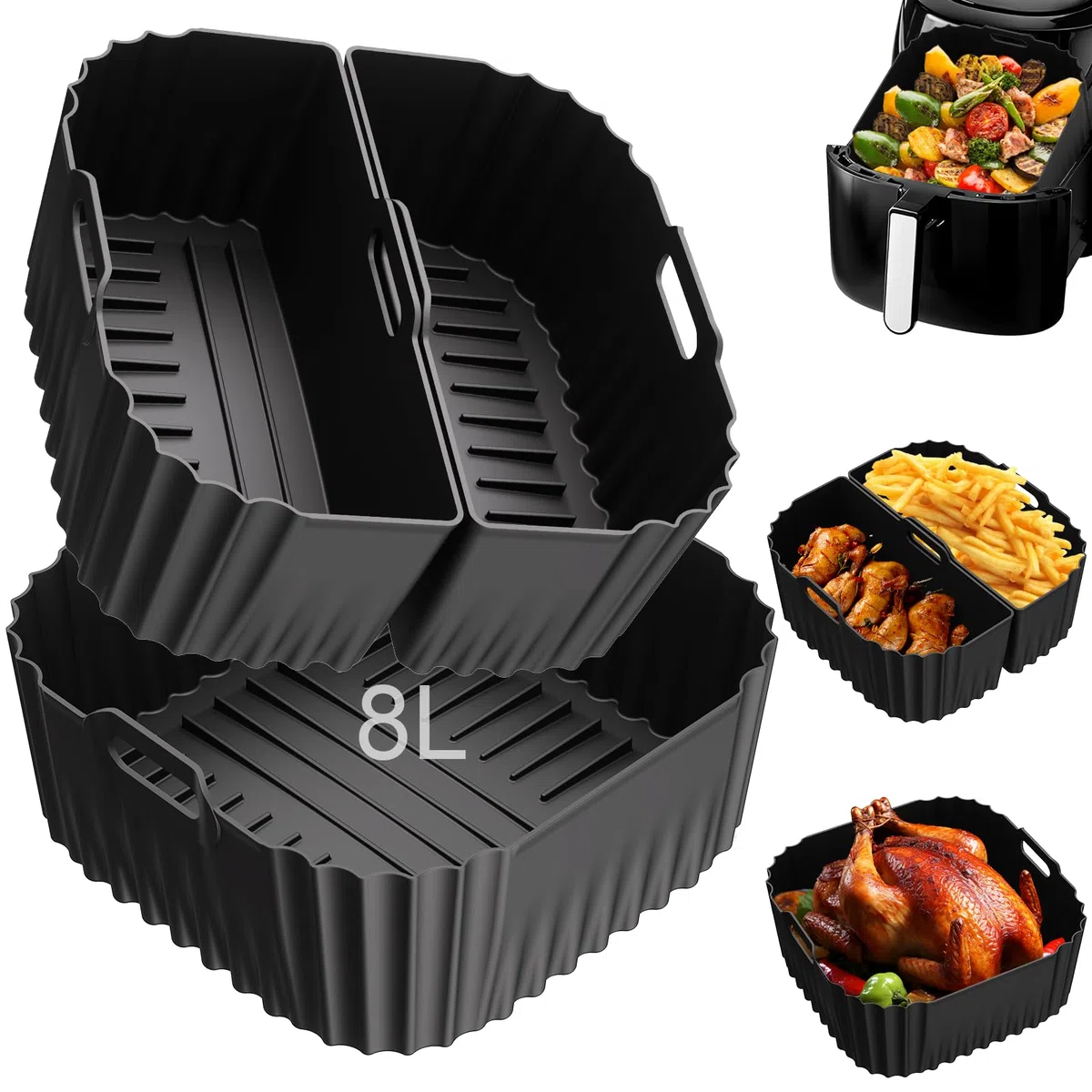 Molde Silicona Freidora de Aire para Russell Hobbs XXL 8L (27170-56) / 8,3L(27632-56), Reutilizable Recipientes Cuadrado Airfryer Accessoire Cesta Utensilios Antiadherente, Sin BPA (3 Piezas)