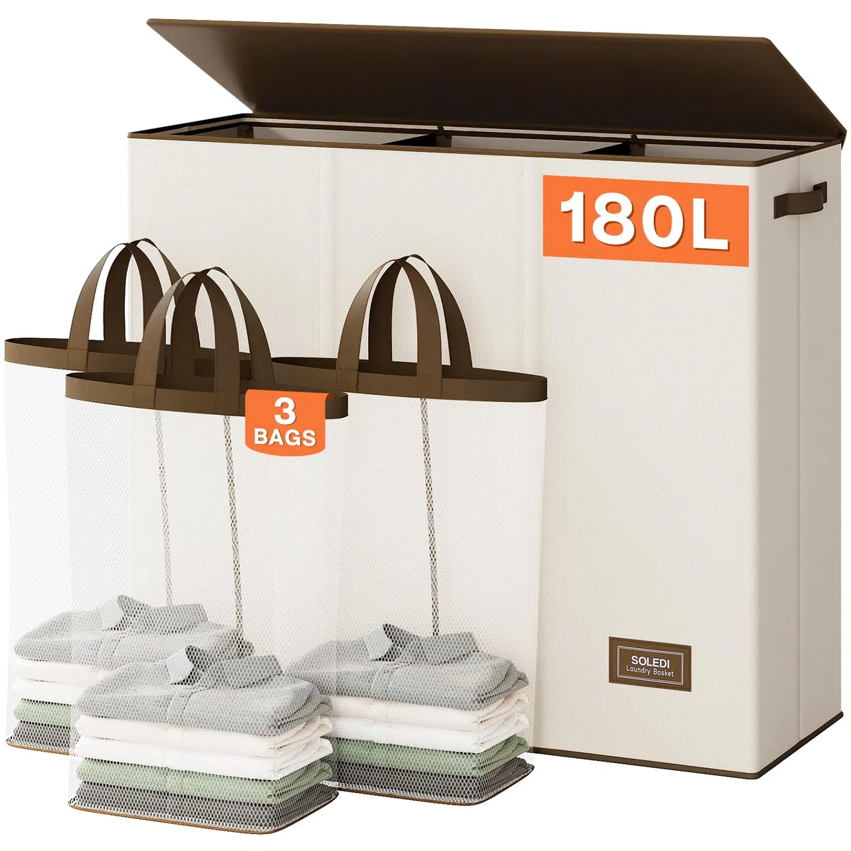 SOLEDI Cesto de ropa sucia de 180L de 3 secciones, cesto de ropa sucia extragrande con tapa, cesto de ropa sucia con asa resistente, organizador de cesto de ropa grande para cuarto de lavandería